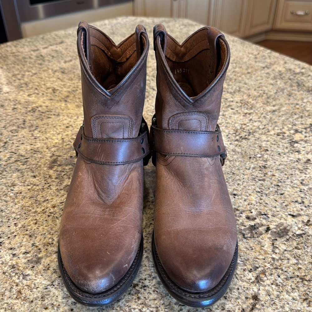 Frye Brown Leather Ankle Booties with Western Style - Picture 2 of 8